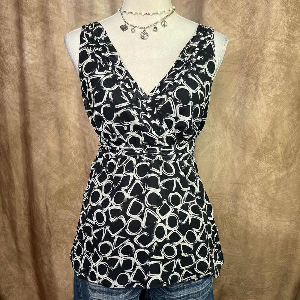 Geometric Babydoll Top Silk Chiffon Black White Sleeveless V Neck Vintage Y2K